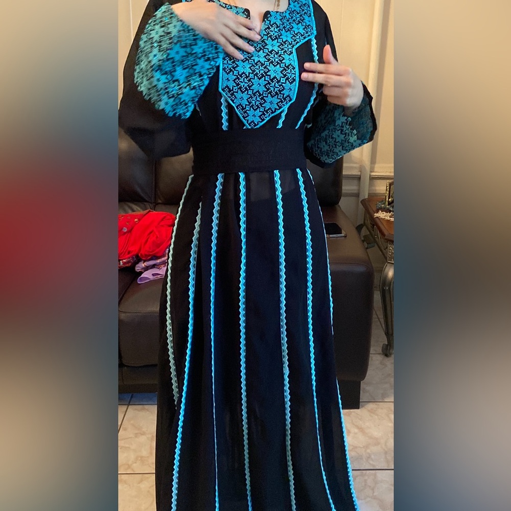 Black Simple Thobe with Teal Embroidered Accents - Women's Dress